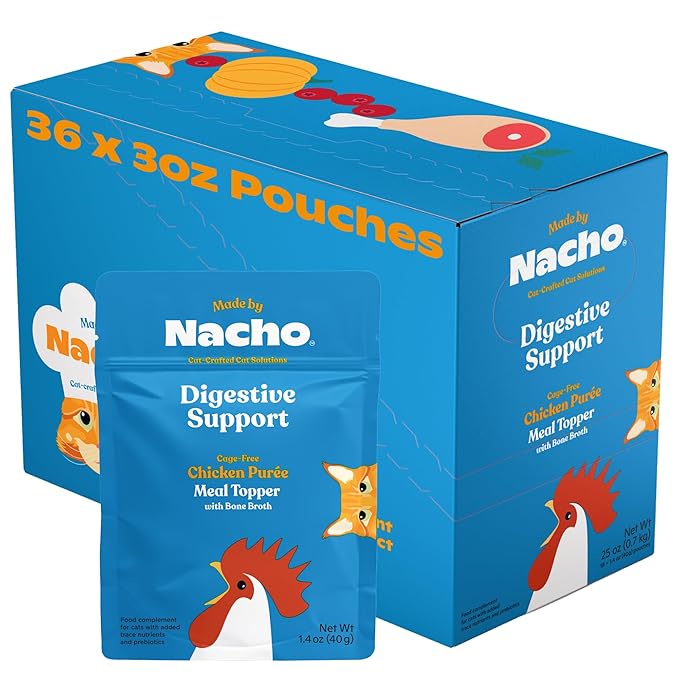 Made by Nacho Digestive Support Cage-Free Chicken Puree Meal Topper with Bone Broth, Add Digestion Support to Dry Cat Food and Kibble, Hydration and High Fiber, Limited Ingredients, 36 Count