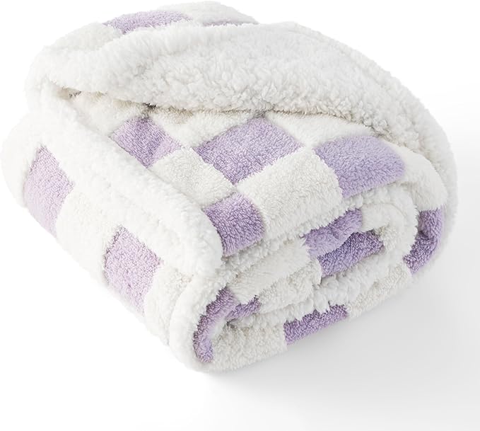 Lesure Waterproof Dog Blanket for Medium Dogs - Washable Double Sided Dog Blankets with Warm Jacquard Shag and Soft Sherpa Fleece, Pet Cat Blanket for Couch Protection, 3D Textured Checks, Purple
