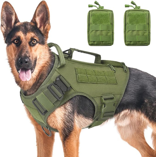 Tactical Dog Backpack Harness for Large Breed Original Design Metal Buckle Vest with Side Bags Pouches for Service Working Training (Green (with 2 Pouches), L)