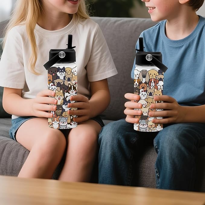 Dog Lover Gifts, 16 oz Water Bottle with Straw Lid, Stainless Steel Insulated Dog Water Bottles, Cute Puppy Tumbler for Travel Outdoor