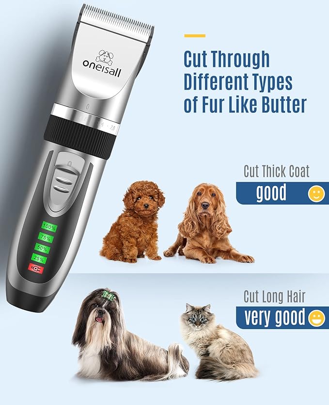 oneisall 2 in 1 Pet Cat & Dog Grooming Kit - Quiet Cordless Dog Clippers & Paw Trimmer for Grooming Pet Hair