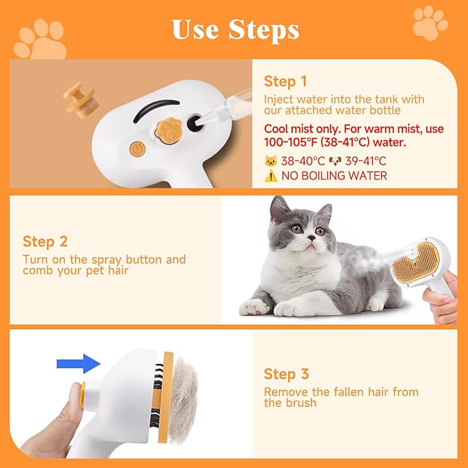 Pet Steam Brush for Dog & Cat – 3-in-1 Spray Hair Removal Comb – Steam for Shedding & Grooming – Water Brush for Long & Short Haired Pets – Spritz Defur Comb – Includes 2*Waterless Shampoo