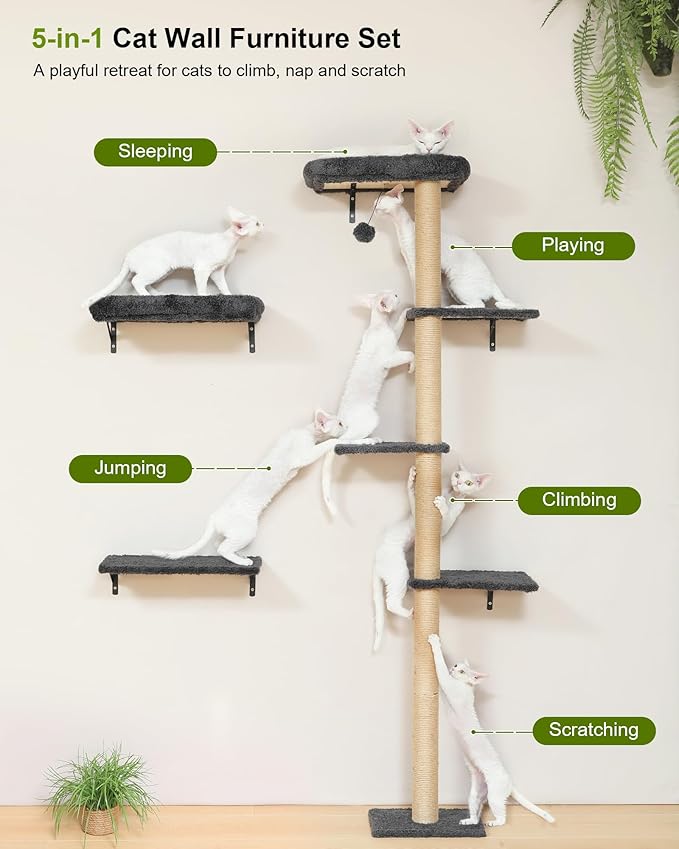 FUKUMARU Cat Wall Shelves, Stable 3-in-1 Wall Mounted Cats Furniture Set, Kitten Scratching Post with Soft Cushion Perch, Space Saving Climbing Wall for 16 Inch Drywall - Gray