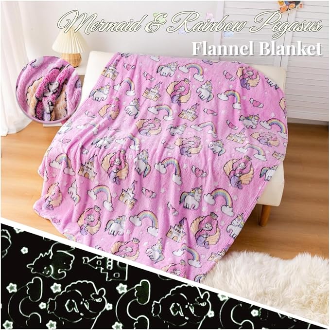 Best Gift Halloween Mermaid Princess Pattern Blanket, Unicorn Blanket Glow in The Dark, 50" x 60", Pink