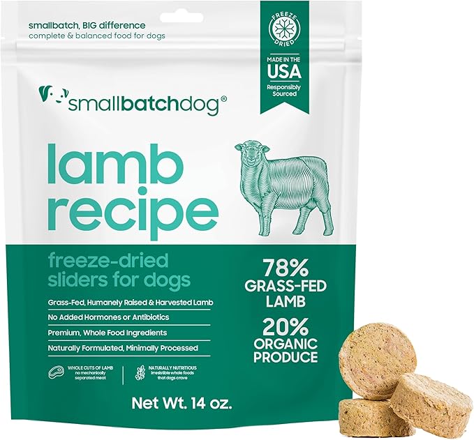 smallbatch Pets Freeze Dried Raw Dog Food, Lamb Recipe, 14 oz, Organic High Protein Dog Food, Grain Free, Made in The USA, Humanely Raised Meat, Single Protein, for Picky Eaters, Hydrate & Serve