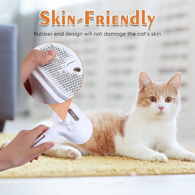 Cat Steam Brush with Release Button, Pet Spray Brushes for Shedding & Grooming, Mist Comb for Pet Long Short Haired, Steamy Brush for Cats Removing Loose Fur and Massage (White)
