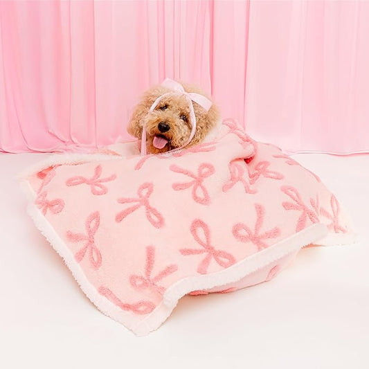 Lesure Waterproof Puppy Blanket for Small Dogs - Washable Double Sided Dog Blankets with Warm Jacquard Shag and Soft Sherpa Fleece, Pet Cat Blanket for Couch Protection, Bow Design,Pink Taffy
