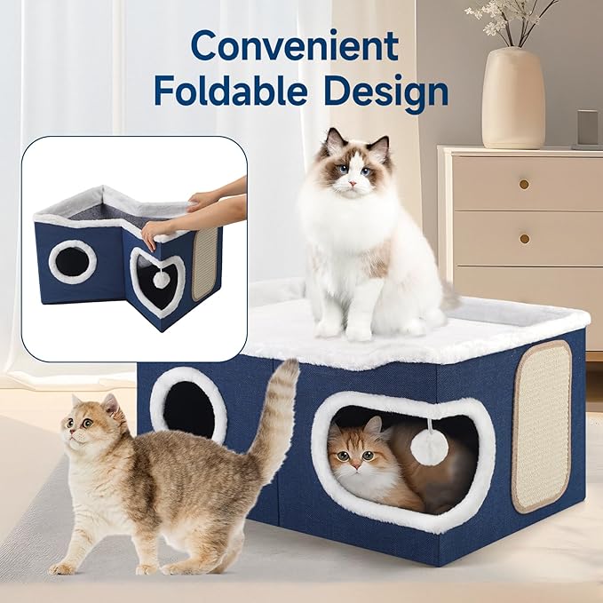 Shikha Cat Beds for Indoor Cats, Extra Wide Cat Cube House for Multi Cats, Foldable Cat Cave Hideaway with Arc-Edge Design & Oval Door, Reversible Cushion for All Seasons, 24"L x 17.7"D x 12.6"H, Blue