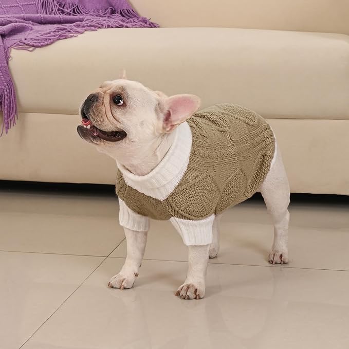 Dog Sweater for Medium Dogs Argyle Cable Knit Turtleneck Pullover Winter Clothes Boys Girls French Bulldog Dachshund Corgi Beagle Pug Pet (M, Brown)