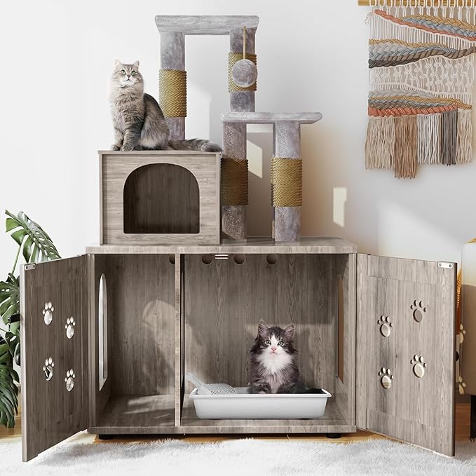 Cat Litter Box Enclosure with Cat Tree Tower 2-in-1 Hidden Pet Washroom Furniture with Scratching Post and Soft Plush Perch Platform Wooden Cat House Divided Condo for Indoor Large Cats Gray
