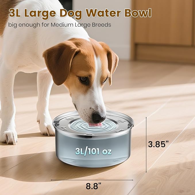 Dog Water Bowl No Spill,3L/101oz Stainless Steel Dog Water Bowl with Anti-Slip, Spill Proof Slobber Stopper No Drip Slow Drinking Dog Feeder for Sloppy Messy Drinkers