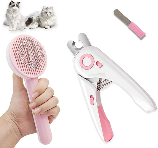3PCS Pink Cat Grooming Kit, Nail Clipper Trimmer and Nail File, Brush for Shedding, Comb for Long Haired Cats, Pet Supplies and Essentials, Gifts for Cat Lover
