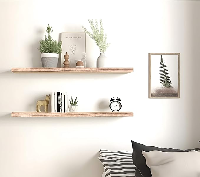 24 Inch Light Wood Floating Shelves for Wall Rustic Wall Shelf for Bedroom Living Room Set of 4