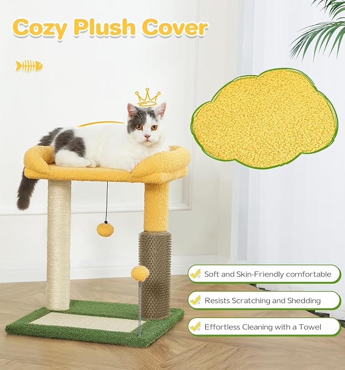 Made4Pets Small Cat Tree Tower, Cat Scratching Post 4-in-1 with Cat Self Groomer Brush, 20" Tall Natural Sisal Cat Scratcher, Soft Plush Cat Perch Bed with Dangling Ball for Indoor Kittens, Green