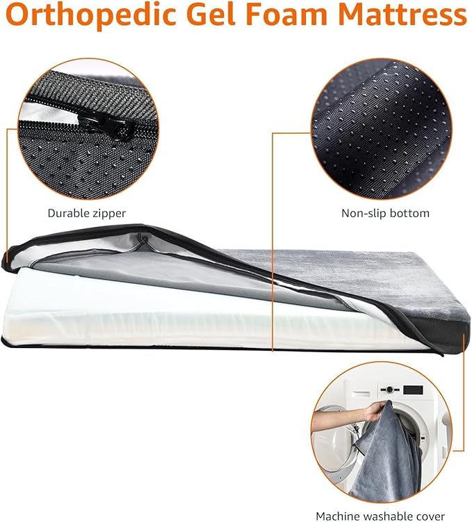 Amazon Basics Dog Bed with Cooling Gel Memory Foam, Pressure-Relief Support for Dogs up to 50lbs, Non-Slip Bottom, Machine Washable Cover, Large Sized (35" x 22"), Grey