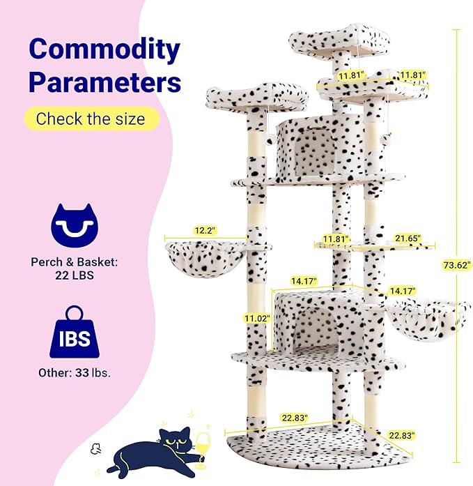 Allewie 73in Fan-Shaped Space-Saving Corner Cat Tower/Multi-Level Tall Cat Tree for Indoor Kitties/Cozy Baskets/Condos/House/Perches/Sisal Scratching Posts/Pet Activity Center/White & Black Spot