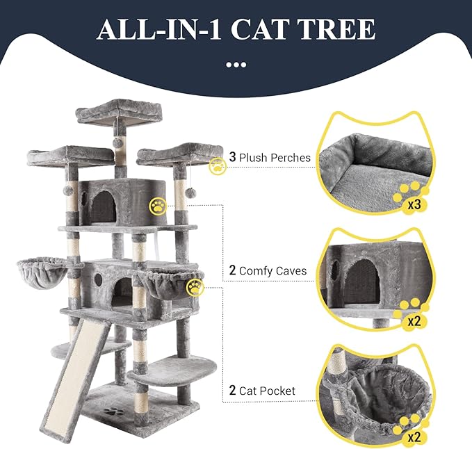 Allewie 68 Inches Cat Tree/House and Towers for Big Feline/Scratching Post/Multi-Level Large Kitty Climbing Tree with Condo/Light Grey