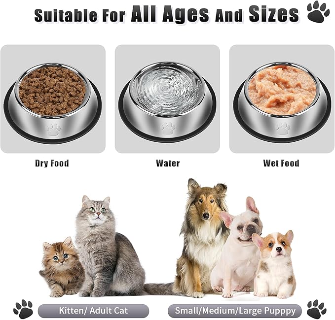 3Pcs Stainless Steel Dog Bowls Set with Dog Paw Pattern- Non-Slip Food and Water Bowl 54 Oz - Dishwasher-Safe, Rust Resistant Metal Pet Bowls for Small/Medium/Large Sized Pets