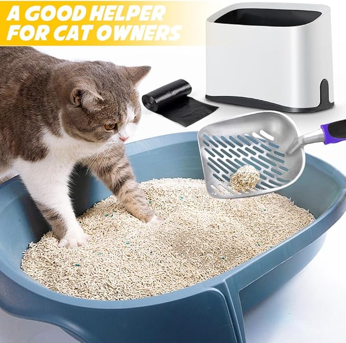 Cat Litter Scooper with Holder,Metal Cat Litter Scoop, Kitty Poop Scooper Stand for Litter Box, Cat Caddy for Litter Scoop, Fast Sifting Kitty Poop Scooper Caddy Poop Scooper Stand