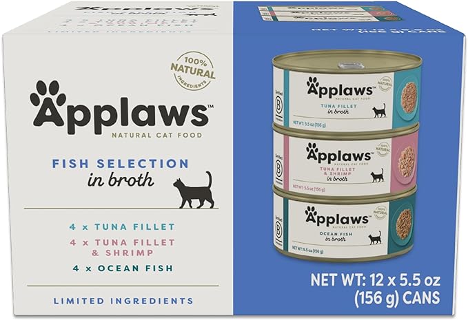 Applaws Natural Wet Cat Food in Broth, Limited and Natural Ingredients, High Protein with No Artificial Additives, Fish Selection Variety Pack in Broth (12 x 5.5oz Cans)
