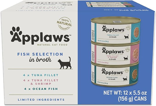 Applaws Natural Wet Cat Food in Broth, Limited and Natural Ingredients, High Protein with No Artificial Additives, Fish Selection Variety Pack in Broth (12 x 5.5oz Cans)