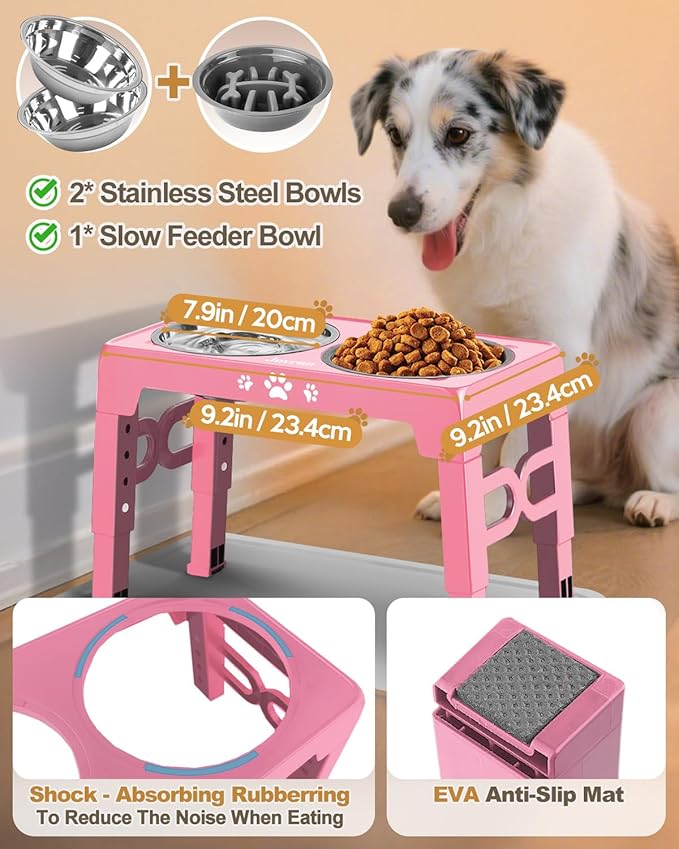 Elevated Dog Bowls, Dog Feeder with 2 Stainless Steel Dishes &1 Slow Feeder Bowl, 5 Heights Adjustable Raised Stand for Medium Large, Food Dishes with Non-Slip Feet