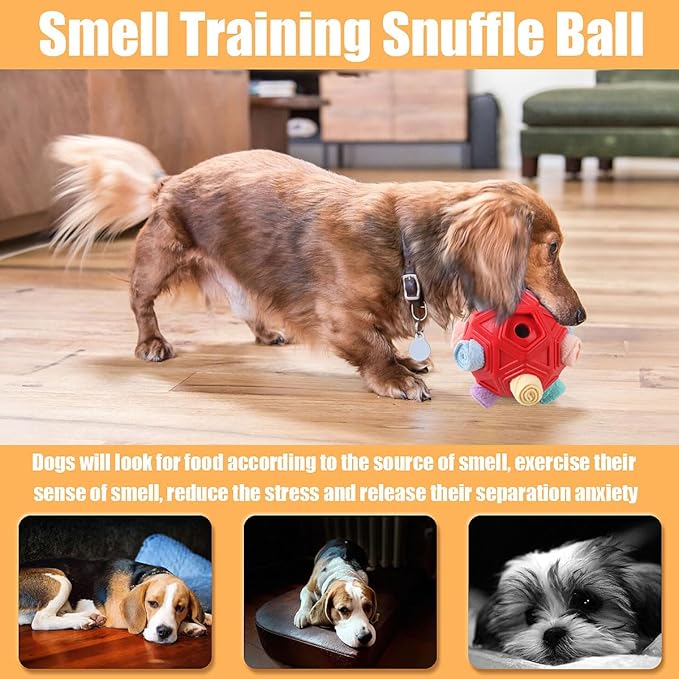 Dog Snuffle Ball-Interactive Puzzle Dog Toys Encourage Natural Foraging Skills Slow Feeder for Training and Stress Relief, Cloth Strip Hiding Food Chew Toys for Any Size Dogs (Red Macaron)