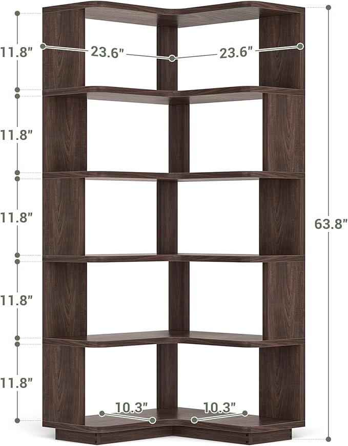 Armocity Corner Book Shelf - 6 Tier Corner Bookshelf Etagere Bookcase with Baffle, Freestanding L Shaped Display Shelf Stand for Home Office, Living Room, Bedroom, Kitchen, Black Walnut