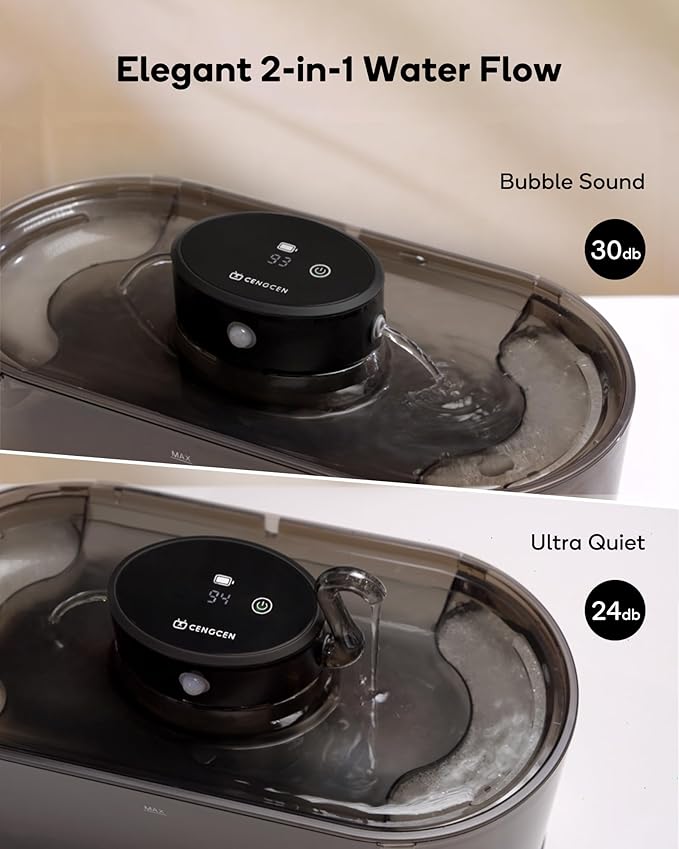 Cat Water Fountain Cordless, 108oz/3.2L Cengcen Wireless Cat Fountains for Drinking, Pet Water Fountains for Cats Indoor, Automatic Cat Water Dispenser Battery Operated 5000mAh Rechargeable, Black