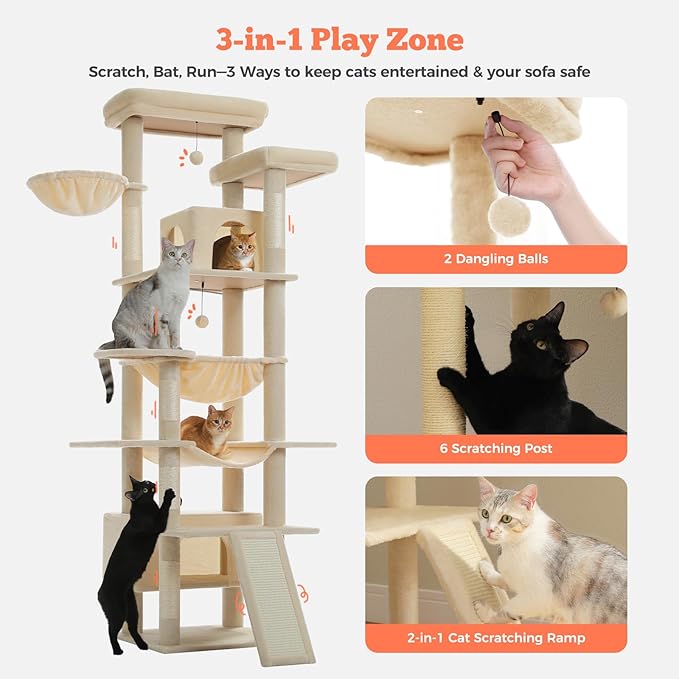 81 Inches Tall Cat Tree for Indoor Cats Large Adult - Multi-Level Cat Tower with Large Metal Frame Hammock, 2-in-1 Scratching Ramp, 2 Top Perches, 2 Cozy Condos & 6 Scratching Posts - Beige