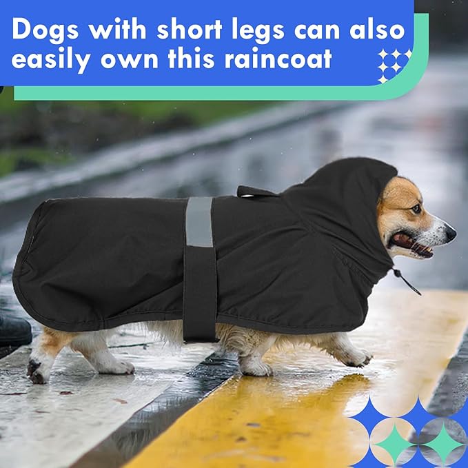 MIGOHI Dog Rain Coat, Hooded Rain Jacket for Dog | Adjustable Hood and Hind Leg Straps Dogs Rain Coat, Reflective Strap for Night Walking, Black, XL