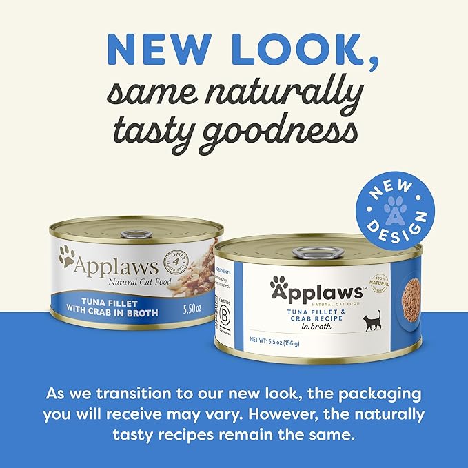 Applaws Natural Wet Canned Cat Food, Limited and Natural Ingredients, High Protein with No Artificial Additives, Tuna Fillet & Crab in Broth (24 x 5.5oz Cans)