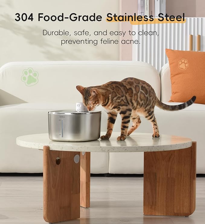 Cat Water Fountain Stainless Steel, 138fl.oz / 4.1L Wireless Cat Fountain, Pet Water Fountain Cordless for Cats & Dogs Indoor