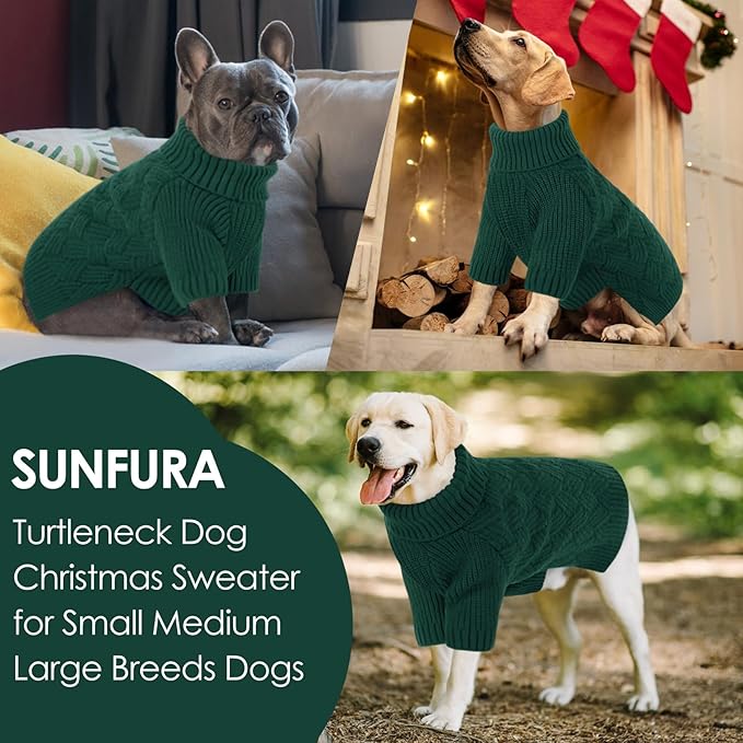 SUNFURA Dog Sweater, Medium Dog Sweaters Doggie Pullover for Fall Winter, Fleece Pet Christmas Sweaters for Holiday, Warm Turtleneck Knitwear for French Bulldog, Boston Terrier, Green M