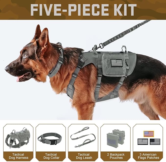 Forestpaw Tactical Dog Harness for Large Dogs,Tactical Dog Collar with Bungee Leash Set,No Pull Military Dog Harness for Walking Training,Adjustable for Medium Large Dogs,Gray,Chest 19.5-41.5"