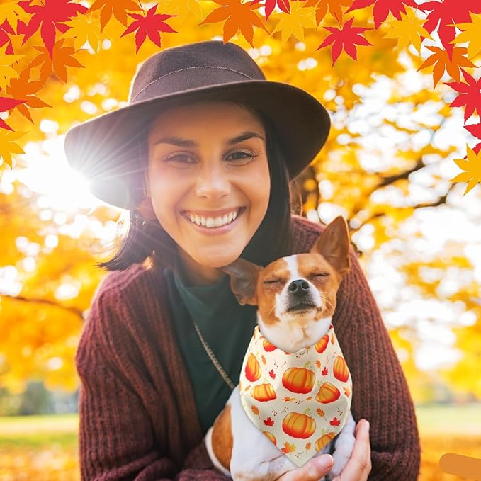 Chunful 60 Pcs Fall Bandanas for Dogs Autumn Maple Leaf Pumpkin Patterns Soft Bibs Adjustable Triangle Doggie Scarf for Small Medium Large Pet Costume(25.6 x 17.7 x 17.7 Inch)