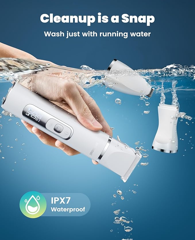 oneisall 4 in 1 Dog Grooming Kit with LCD Display, Dog Hair Trimmer for Paw Nail Grinder, Rechargeable Cordless Low Noise IPX7 Waterproof Pet Clippers (White)