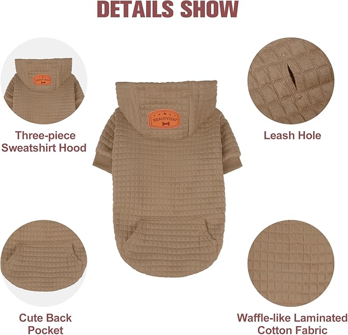BEAUTYZOO Small Dog Hoodie Sweater with Pockets, Dog Clothes for Small Medium Dogs Boy Girl, Waffle-Like Laminated Cotton Pet Coats with Hat and Leash Hole, Khaki M