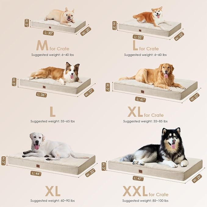 EHEYCIGA Waterproof Dog Bed Memory Foam 41x27, Orthopedic Dog Beds Mat for Gaint Dogs with Removable Cover, Beige