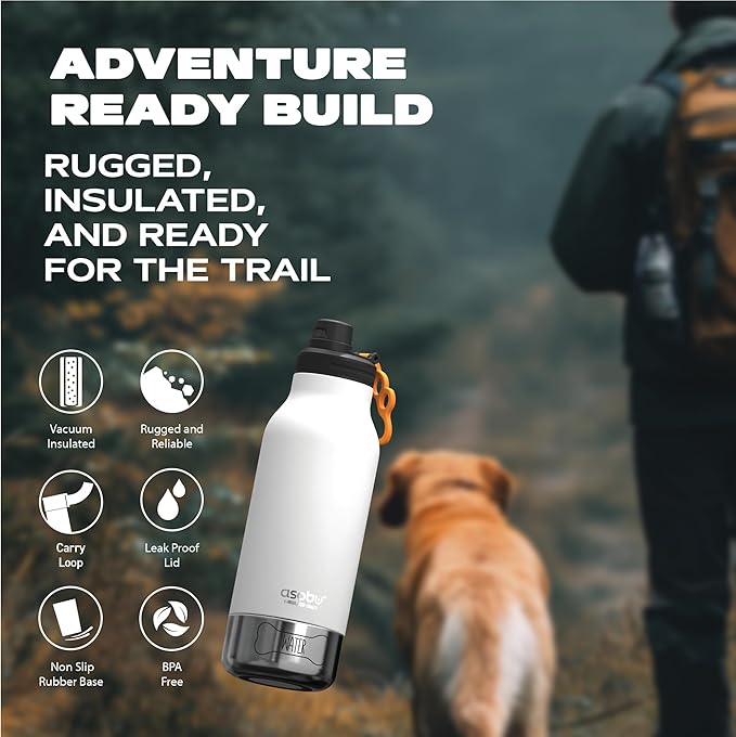 asobu Dog Barky Bottle – Insulated Stainless Steel Water Bottle with 2 Removable Dog Bowls for Food, Treats & Water – Pet-Friendly Travel Bottle for Hiking, Road Trips & Outdoor Adventures