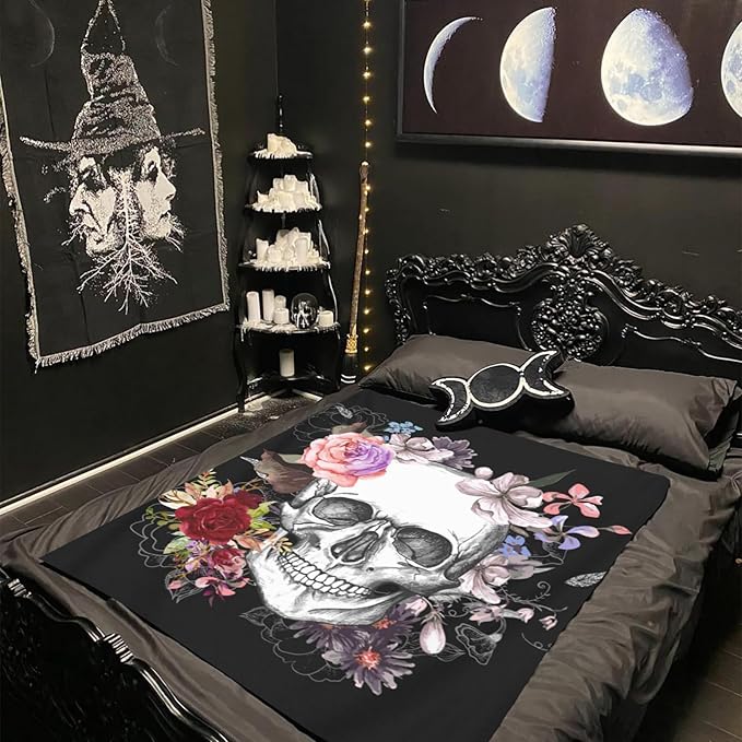 Skull and Flowers Day of The Dead Throw Blankets Lightweight Plush Fuzzy Cozy Soft Bedding, Fleece Throw Blankets All Season for Sofa Couch Bed 50x60 inches