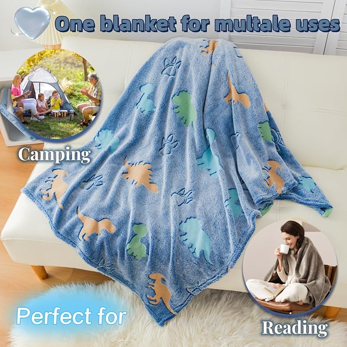 Halloween Dinosaur Glow in The Dark Blanket with Storage Bag, Soft Throw Blanket for Boys Girls, Christmas Birthday New Year Gift, Kids, Day Care Home Use, 50"x60" Blue