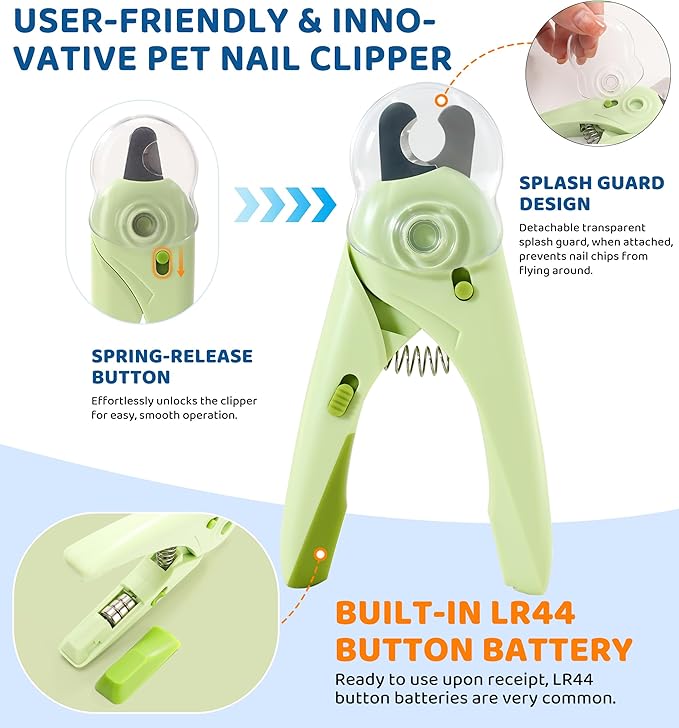 Pet Nail Clipper with Light for Cats & Small Dogs Puppies, Ultra Bright LED to Illuminate Nail Bloodline to Avoid Over Cutting, Extra-Sharp and Durable Cat Claw Trimmer with Nail File (Green)
