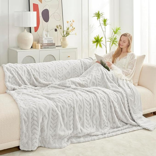 Cozy Bliss Faux Fur Throw Blanket for Couch, Jacquard Fuzzy Plush Soft Thick Winter Throw Blanket for Sofa Bed Living Room Bedroom,60"x80" Beige