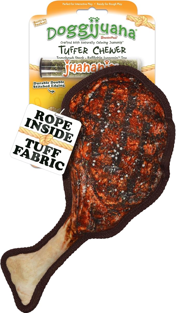 Doggijuana | Tuffer Chewer - Interactive Dog Toy with Juananip Refill | Refillable Durable Dog Toy for Engaging Play and Natural Calming (Tomahawk Steak Toy)