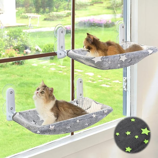 2PC Cat Window Perch, Glow in The Dark Cordless Foldable Pet Hammock Bed for Window with Sturdy Metal Frame, Stars Pattern Window Resting Seat for Indoor Cats (Stars Cat Bed, M-2PC)