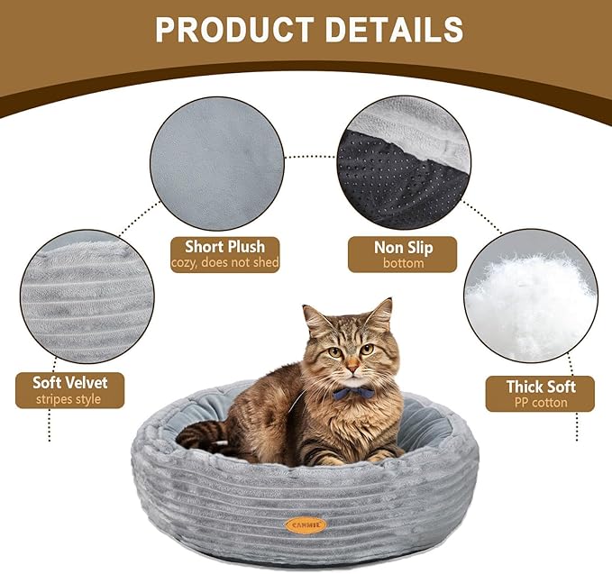 Cat Bed, Cat Bed for Indoor Cats, 20’’ Donut Cat Bed for Cats and Small Dogs, Washable Round Pet Bed, Indoor Use