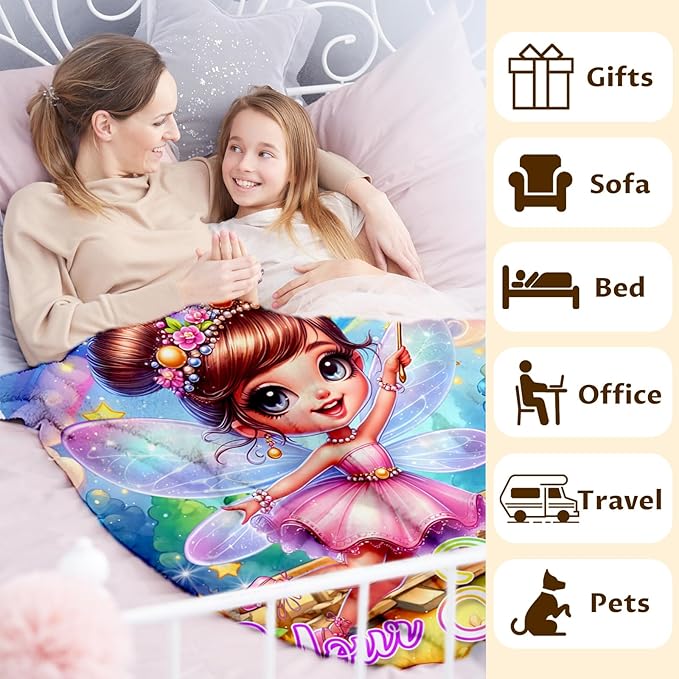 Girls Blanket Custom Fairy Throw Blankets Gift for Kids Teens Birthday, 60x80 Inches Warm Lightweight Fairy Throw for Sofa Couch Bed Travel