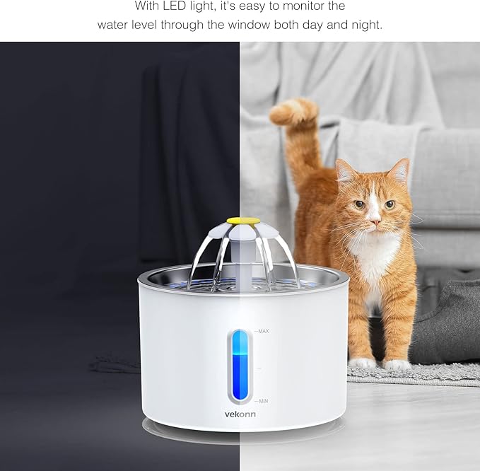 Cat Water Fountain Stainless Steel Top with 4 Filters & 4 Sponges, 2.4L Pet Water Fountain for Small Dog and Cat with LED Light and Water Level Window (Grey)