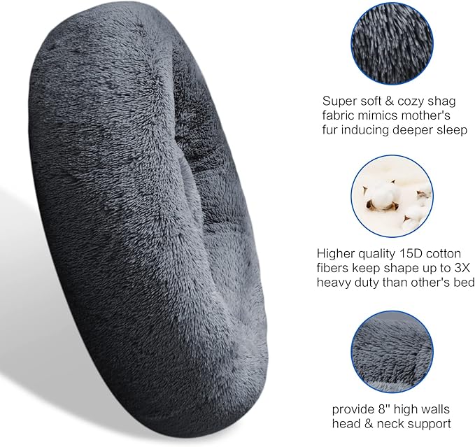 SAVFOX Plush Calming Donut Dog Beds for Small Dogs, Medium, Large & X-Large Breeds, Comfy Cuddler Dog Bed and Cat Bed in Faux Fur, Washable, Multiple Sizes S-XXL